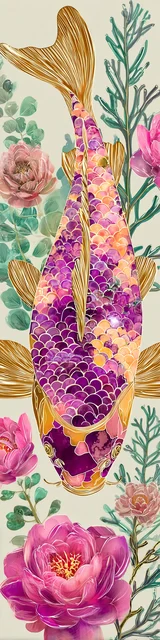 Free printable fish bookmark featuring vertical swim fish with magenta and gold